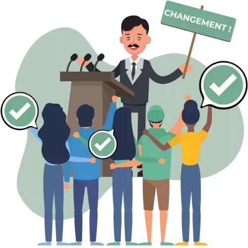 Illustration d’un leader RSE tenant une pancarte Changement, mobilisant une équipe engagée autour du projet durable