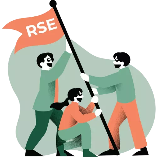 Illustration de collaborateurs hissant un drapeau RSE, symbolisant la stratégie durable portée par la direction