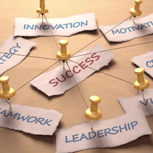 Épingles dorées reliant des post-its avec les mots Success, Innovation, Teamwork, Leadership illustrant une démarche RSE inspirante
