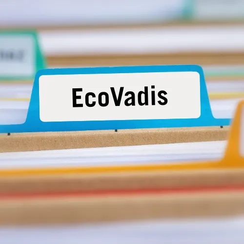 Intercalaire de classeur étiqueté "EcoVadis" dans une pile de dossiers représentant la gestion documentaire pour l'évaluation RSE