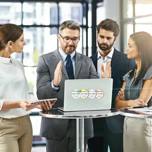 Équipe de professionnels regardant les niveaux de certification EcoVadis sur un ordinateur portable en réunion