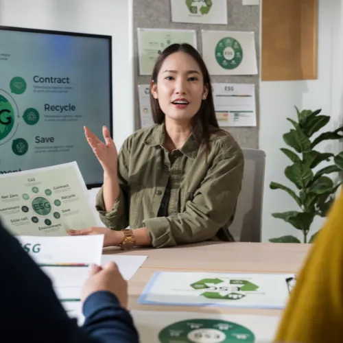 Femme présentant une stratégie ESG à son équipe lors d'une réunion avec écran et infographies sur le recyclage et le Net Zero