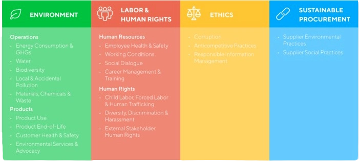 EcoVadis assessment pillars in English: Environment, Labor and Human Rights, Ethics, Sustainable Procurement