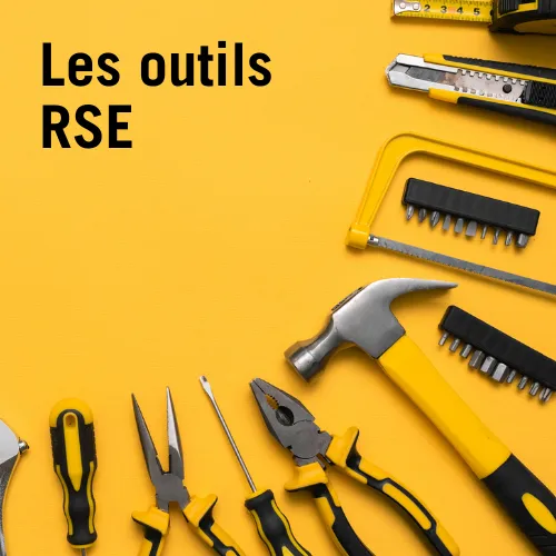 Collection d'outils jaunes (marteau, pinces, scie) sur fond jaune avec le texte "Les outils RSE" illustrant la boîte à outils de la responsabilité sociétale