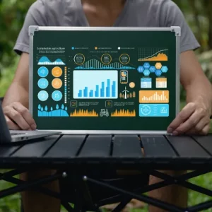 Eine Person, die ein digitales CSR-Dashboard mit Kennzahlen zu Nachhaltigkeit und nachhaltiger Landwirtschaft in einer natürlichen Umgebung in der Hand hält